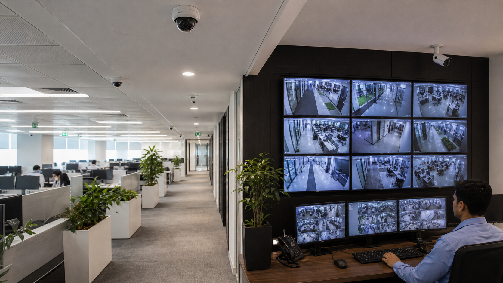 Office CCTV coverage with multiple cameras and a security monitoring station