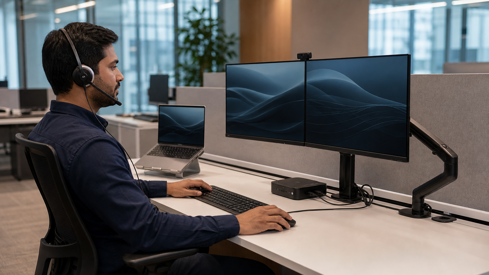 User working at a dual-monitor workstation with laptop, dock, keyboard, mouse, and headset
