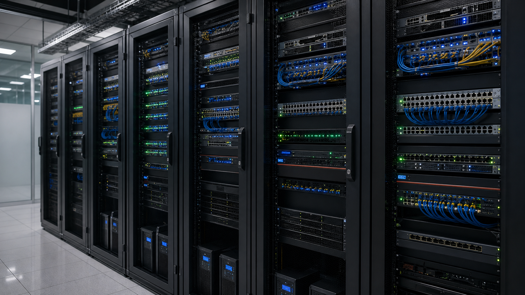 Operational network rack with switches and structured cabling