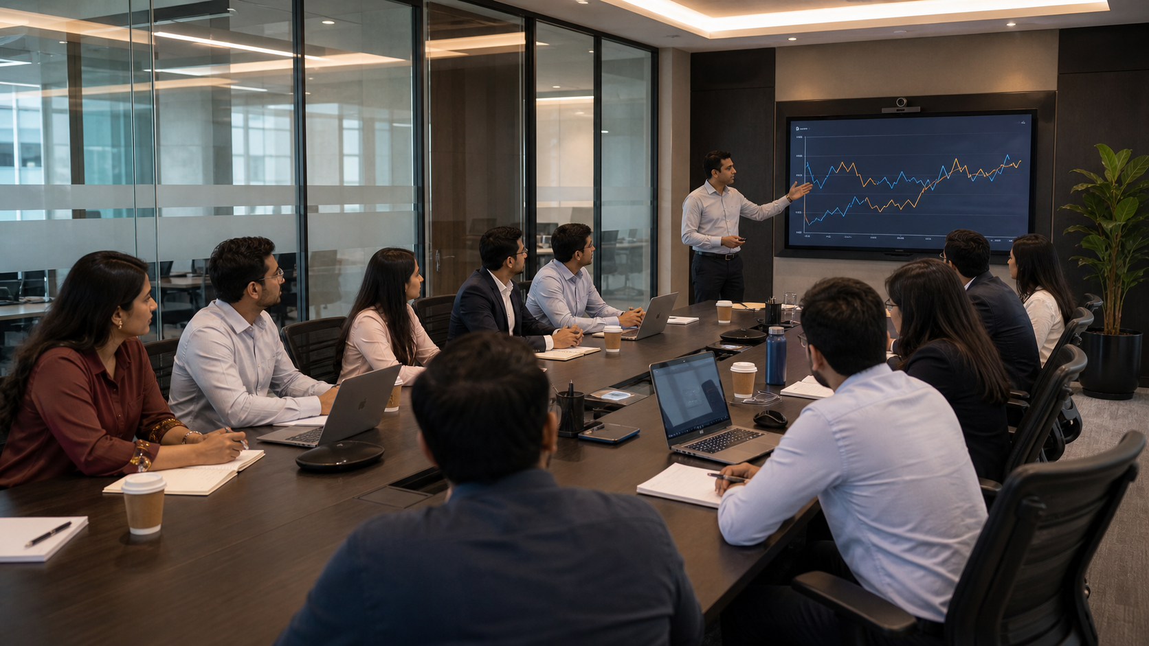 Workspace conference room with people seated around a table while a presenter explains a graph on screen