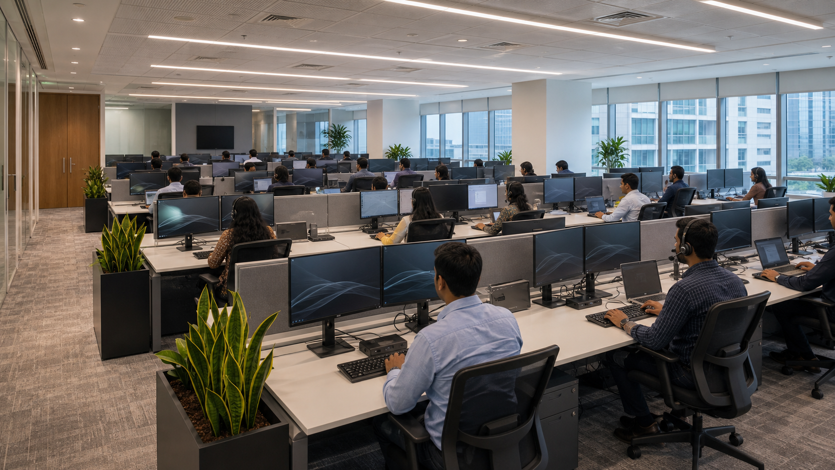Large office floor with many configured workstations, dual monitors, laptops, and employees working